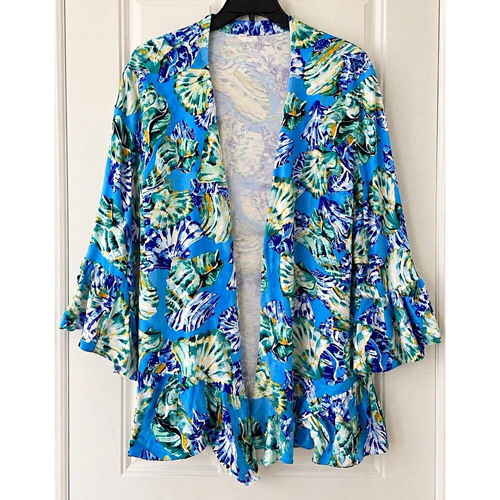 Chico’s Blue/Green Floral Open Front Kimono Jacket 3/4 Sleeve Ruffle XL -0045
